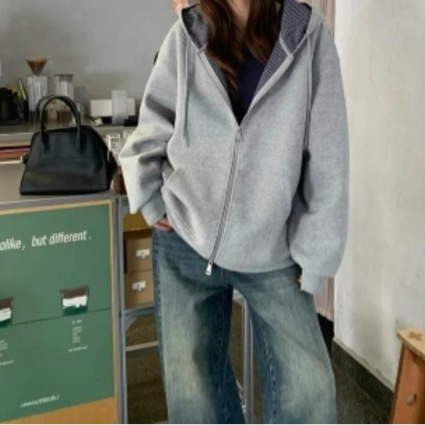 【静姐家】2903【加绒】秋冬时尚休闲百搭宽松女中长款卫衣外套