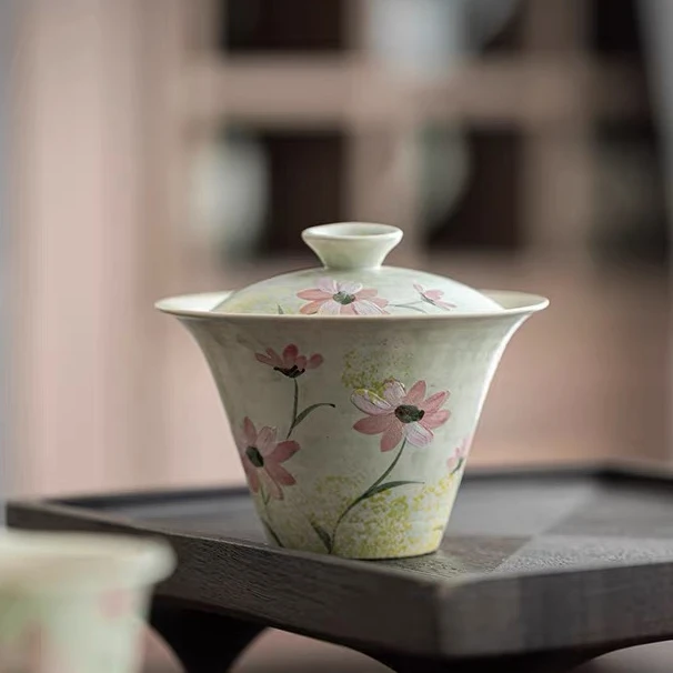 小雏菊-盖碗 水彩风手绘手工陶瓷防烫茶盖碗中式复古带盖功夫茶具