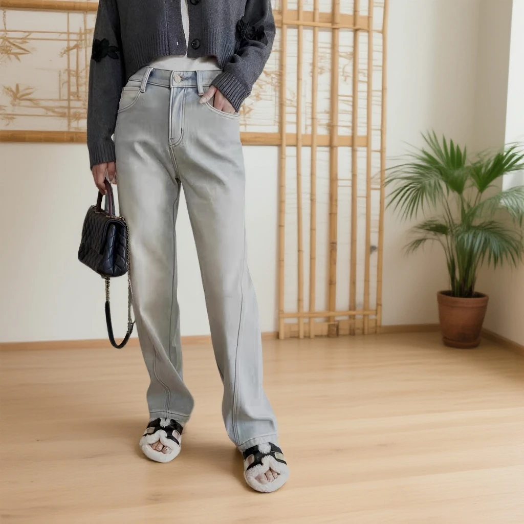 胖姐严选冬款加绒保暖松紧腰斜裤缝直筒长裤