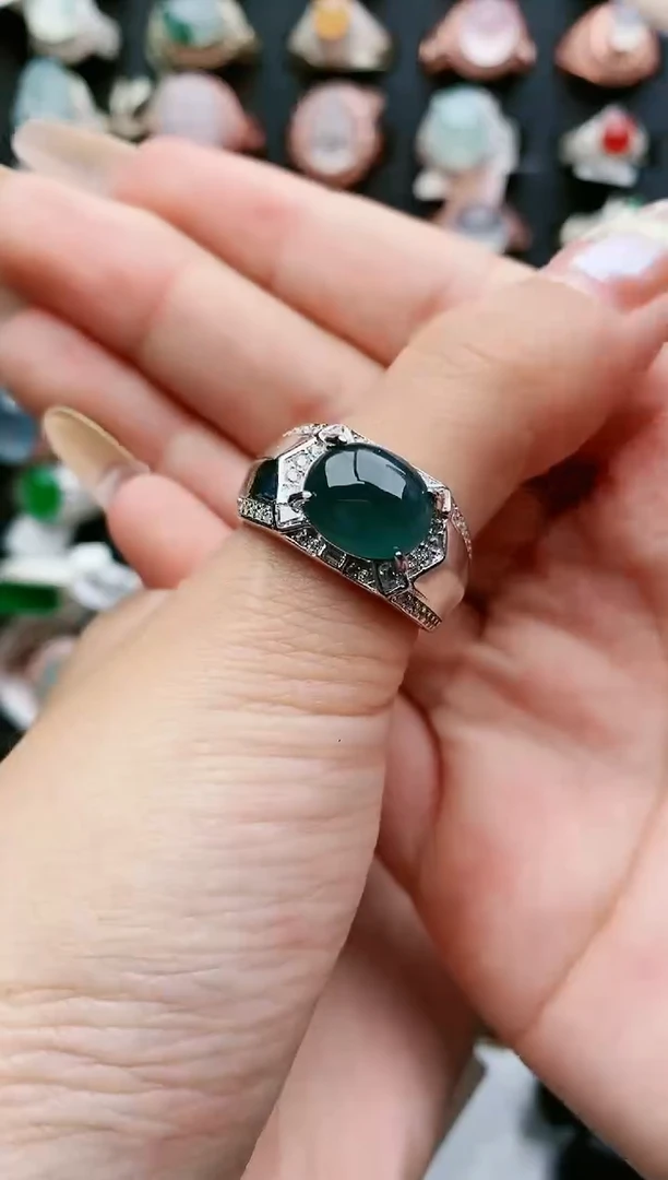 翡翠戒指银S925镶嵌天然翡翠男戒