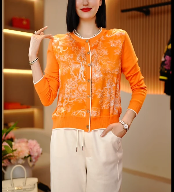 2025春款桑蚕丝圆领上衣女羊毛拼接印花气质外套开衫真丝长袖-72