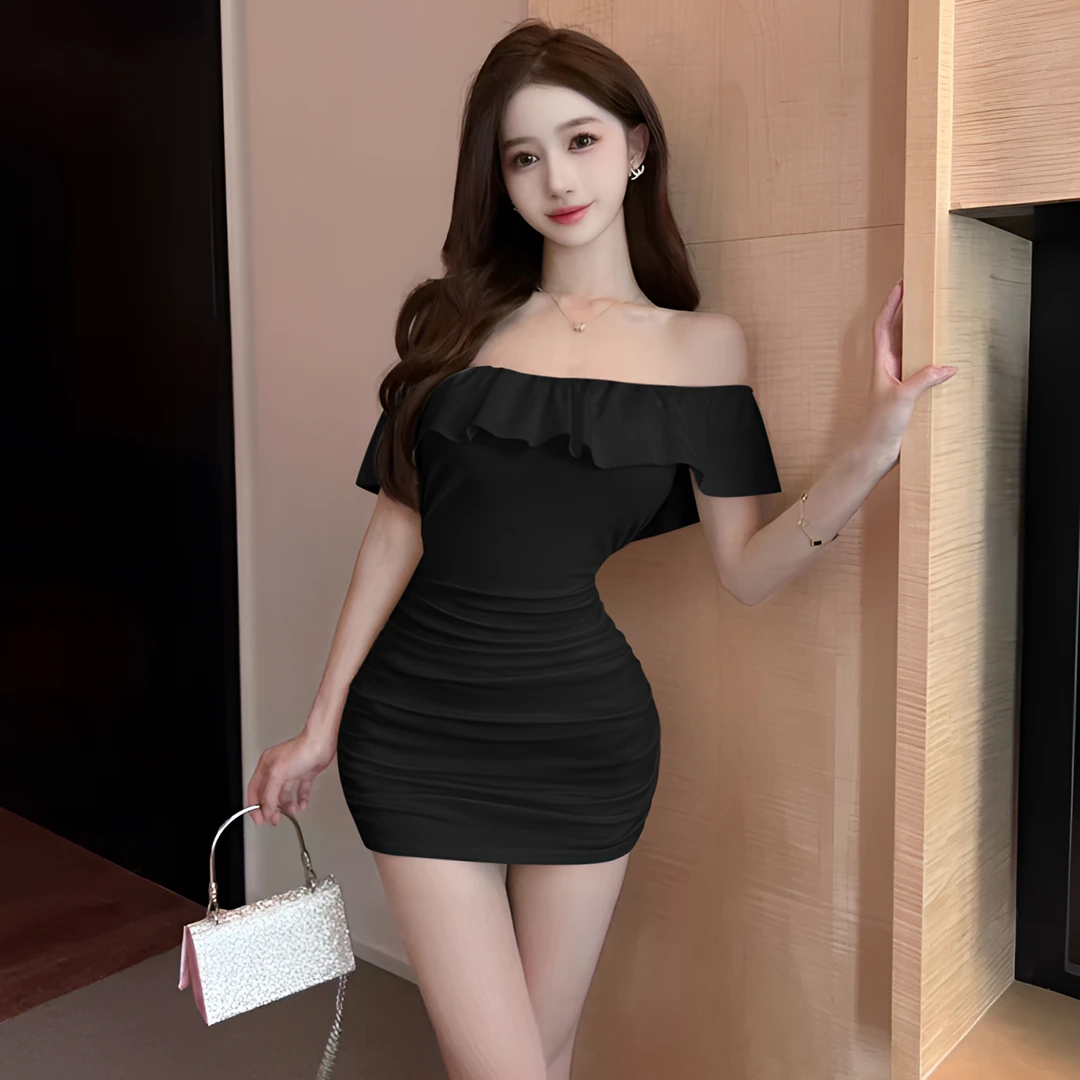 独特别致荷叶边抹胸包臀裙紧身性感一字肩气质显身材短款连衣裙夏