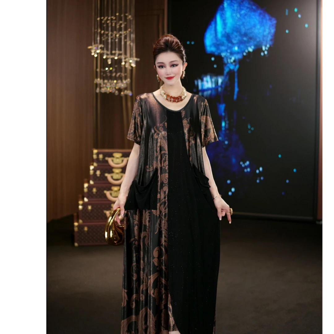 (娴儿)-高贵夏季气质显瘦款拼接设计师长款连衣裙 D1021