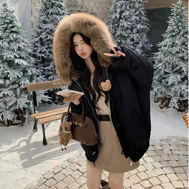 MY 2024冬季新款大毛领连帽外套白鹅绒内胆羽绒服加厚宽松派克服