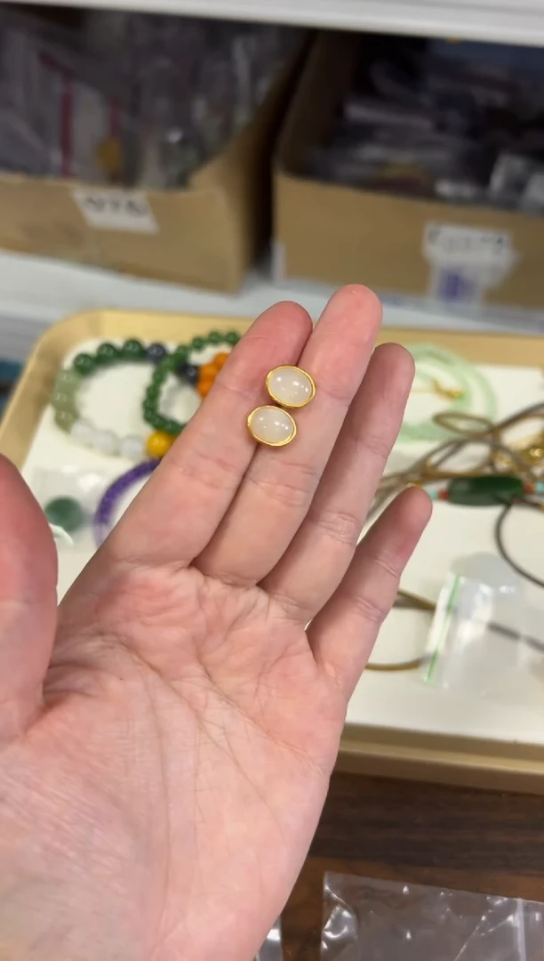 银S925镶嵌和田玉耳饰和田玉白玉蛋面银镶嵌耳钉[0870]