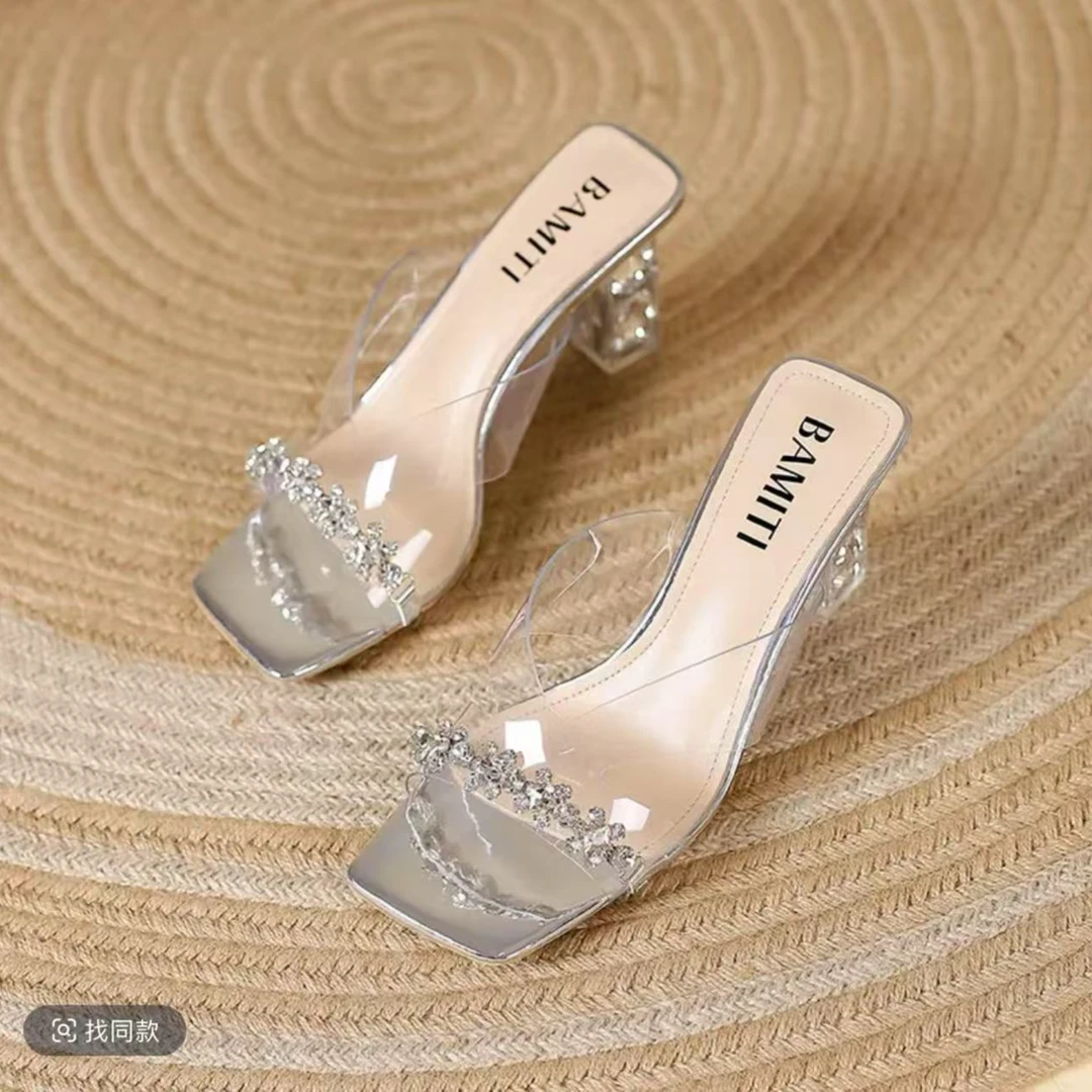 网红高跟水钻夏季日常气质一字拖女粗跟百搭方头凉拖鞋