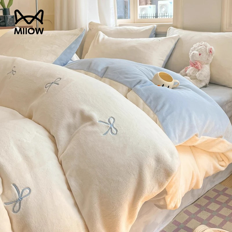 猫人牛奶绒床上四件套法兰珊瑚绒被套床单加厚加绒三件套2025新款