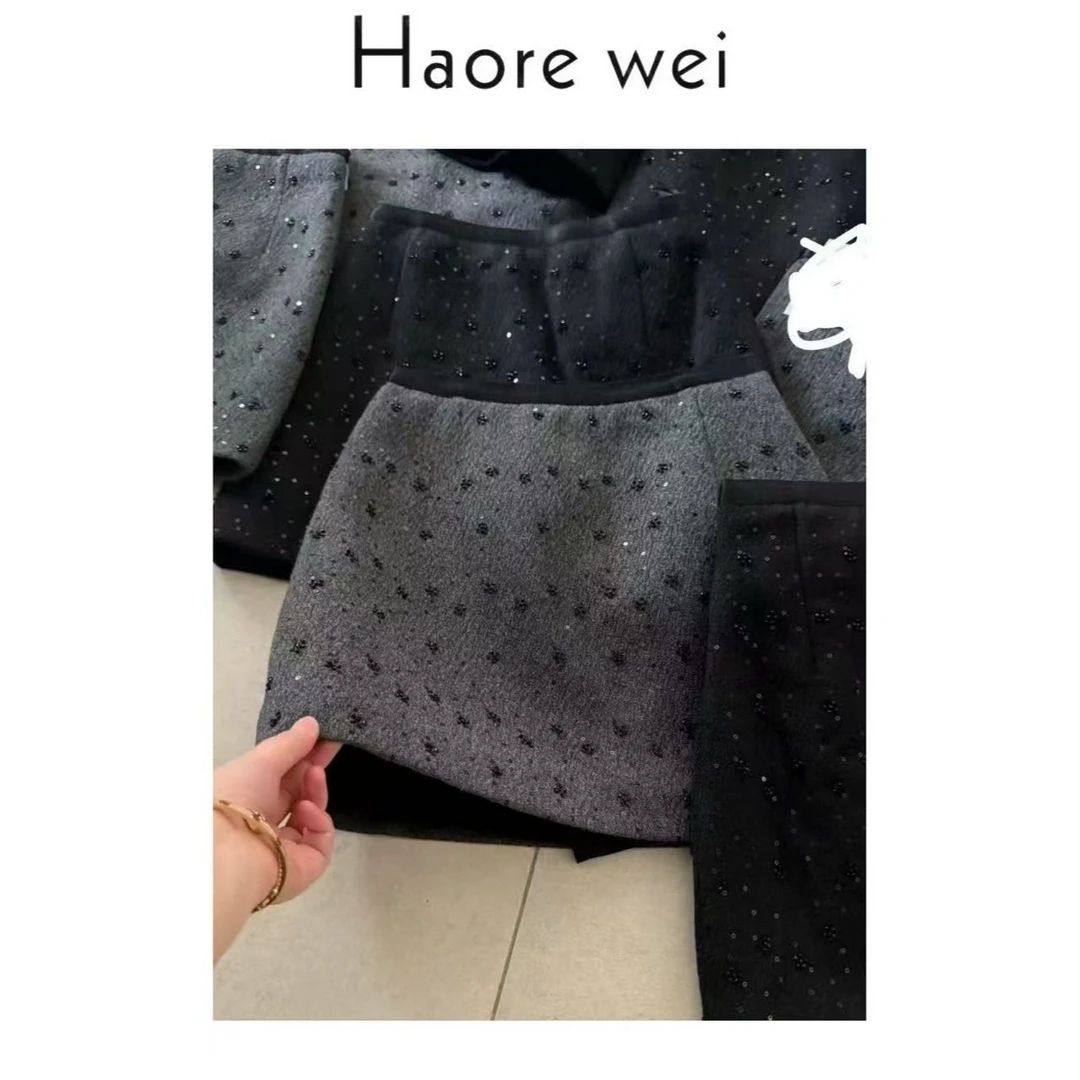 Haore Wei（小香风钉珠裙）毛呢半身裙女新款冬季高腰重工镶钻A版裙