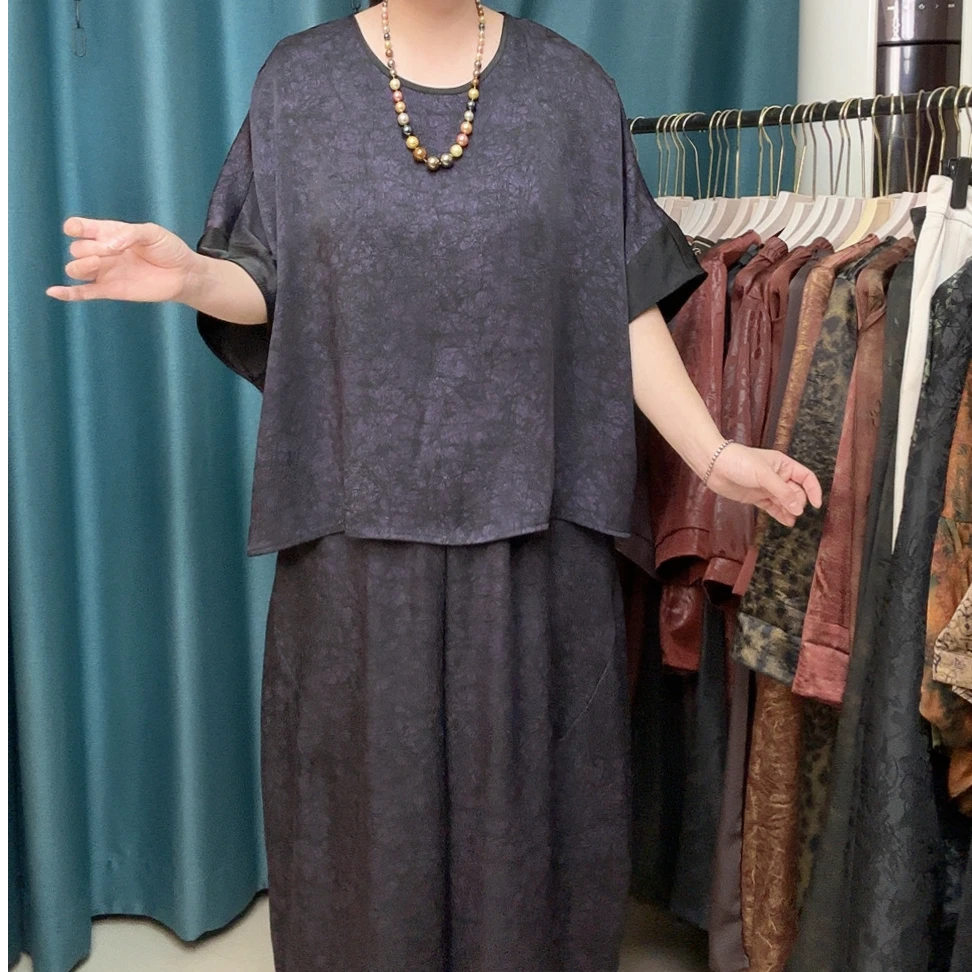 夏季加肥加大圆领宽松显瘦气质大码休闲套装复古短袖