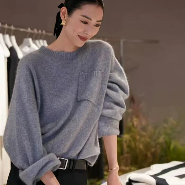 大表姐刘雯同款 山羊绒拉绒女圆领慵懒风灰色毛衣松弛感毛衣