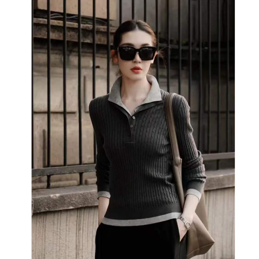 Z621老钱风灰色高领长袖针织打底衫女高级感气质内搭假两件上衣