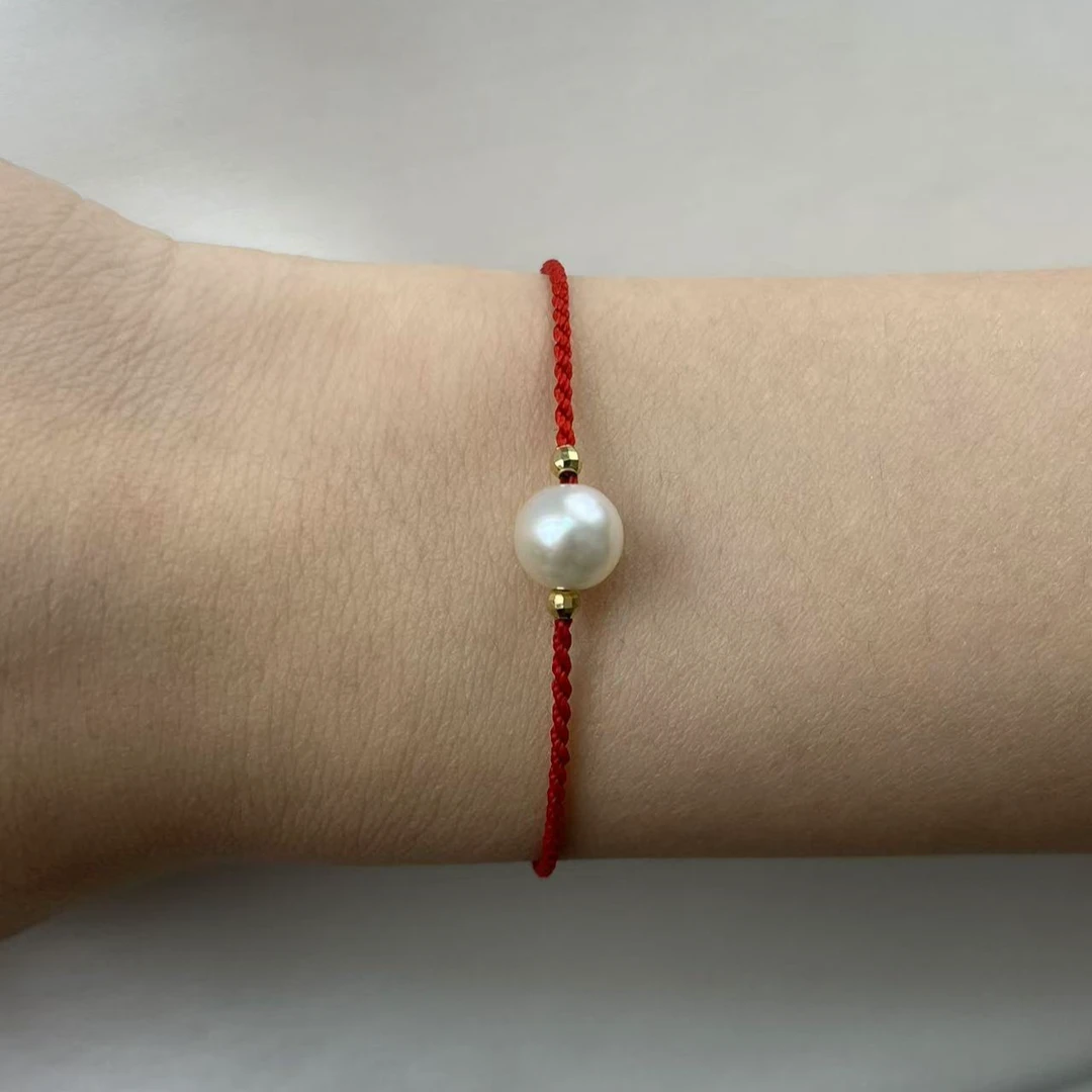 8-9mm18K隔珠淡水无核红绳款手链
