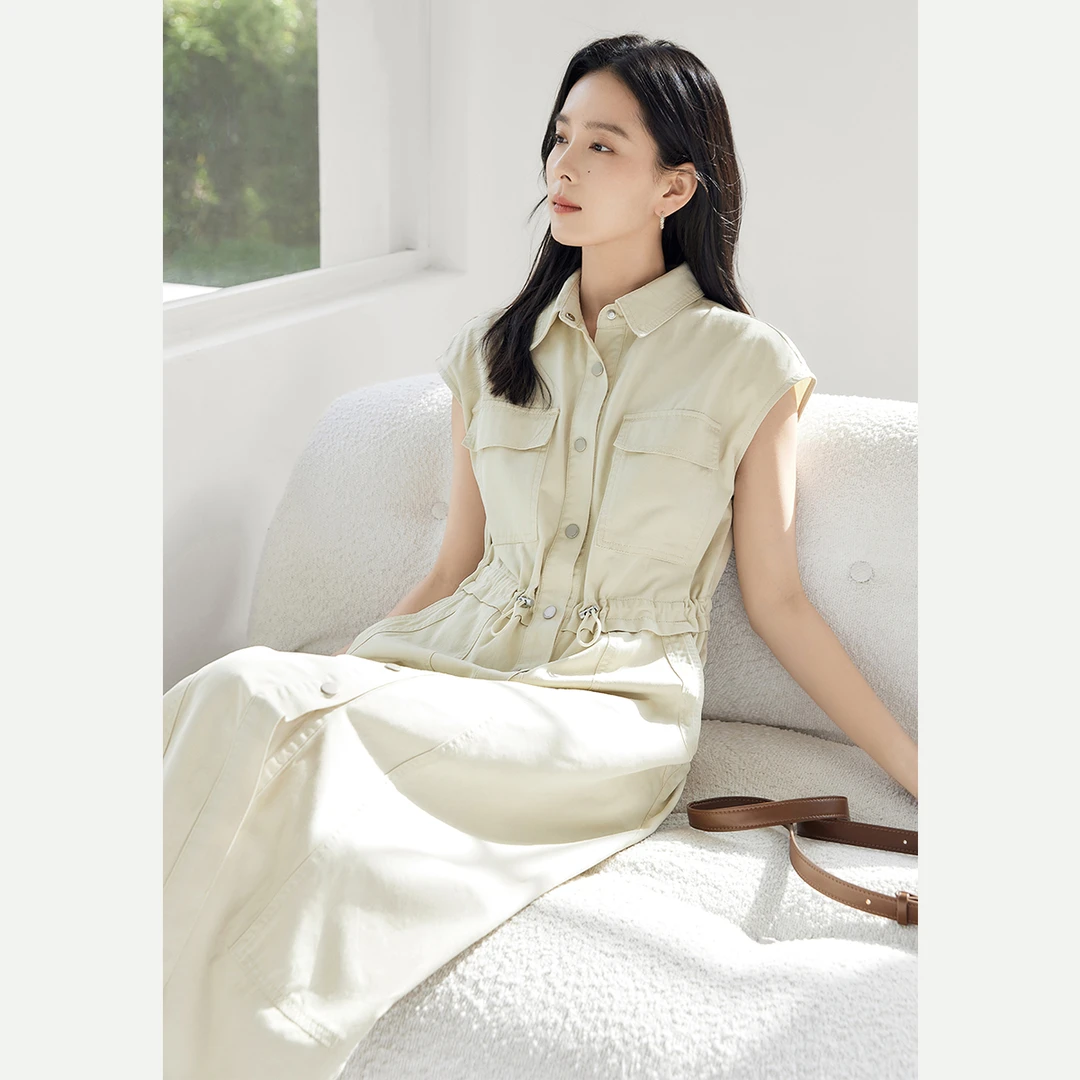 对白气质通勤风牛仔衬衫连衣裙2025夏新款休闲收腰莱赛尔盖袖裙子