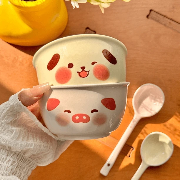【四件套】奶fufu小猪小狗陶瓷米饭碗耐高温釉下彩家用饭碗甜品m
