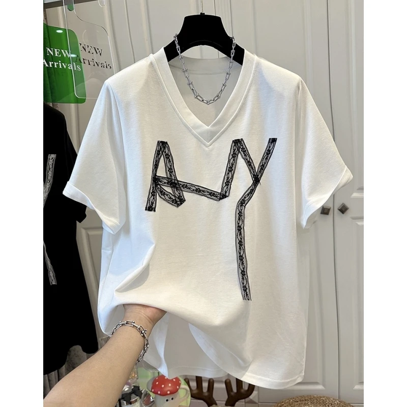 P087设计感小众V领蕾丝垫肩短袖T恤女上衣白色正肩宽松百搭夏季款