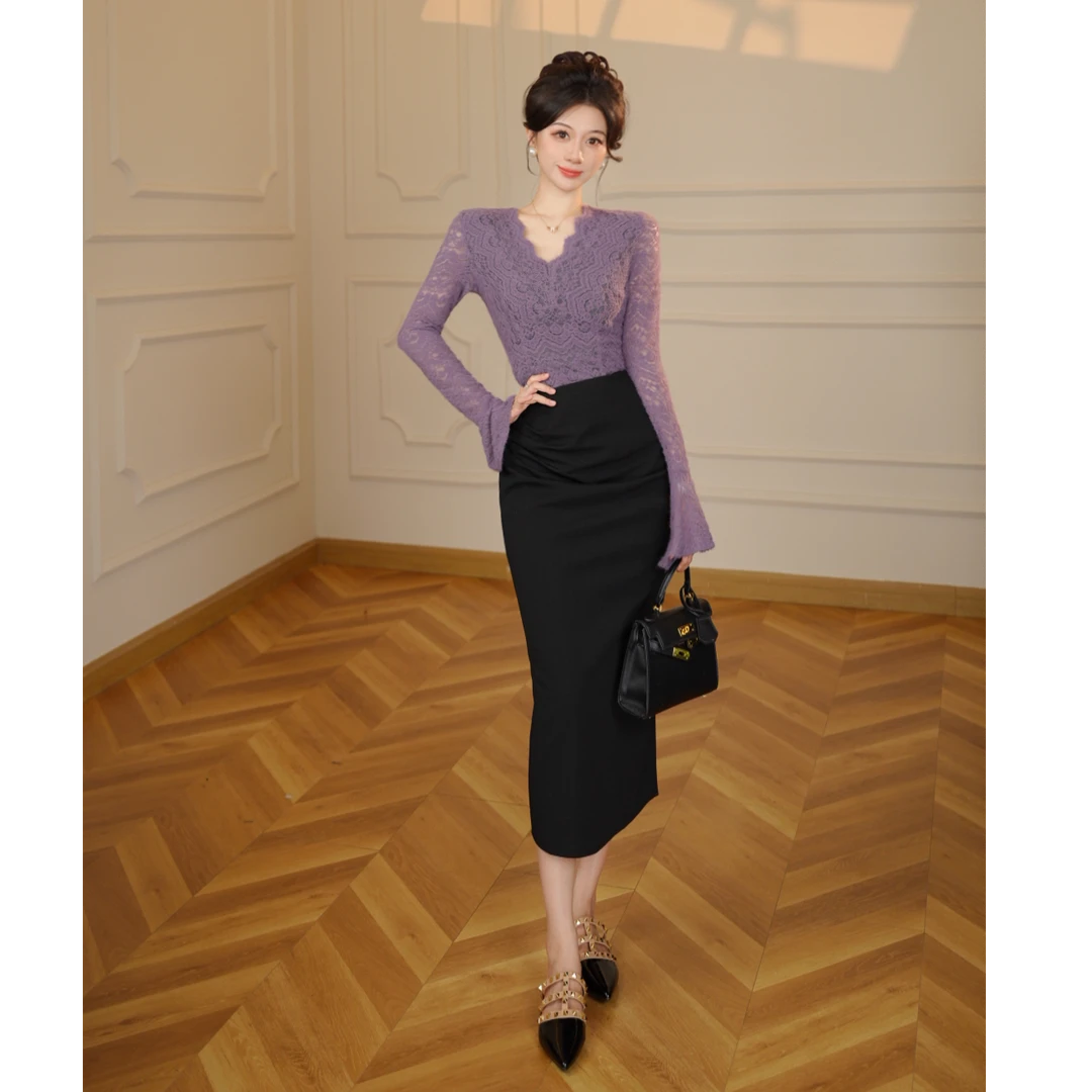 【张小小】【两件套】【无拉链】V领时尚春秋新款修身上衣+半身裙D3621