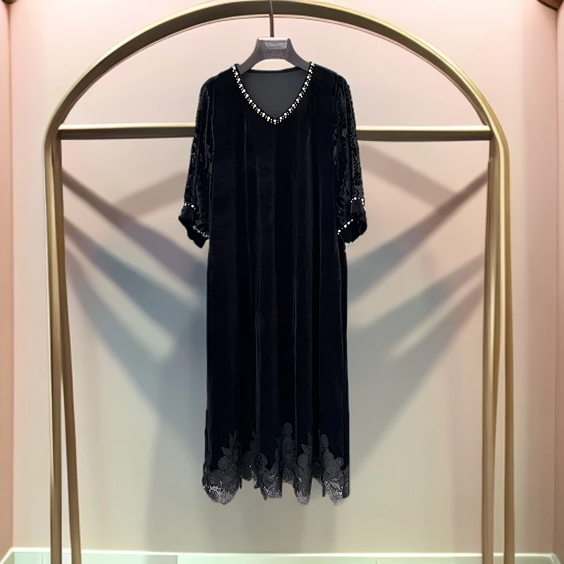 248135设计师新款洋气宽松黑色优雅名媛时尚气质轻奢高端连衣裙