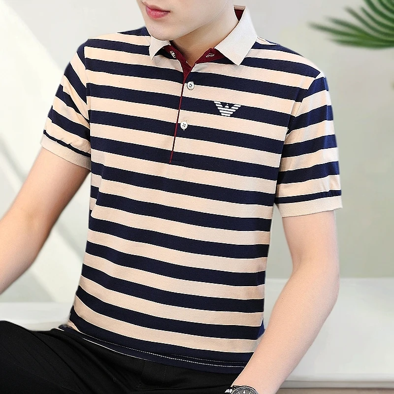 【AMN】夏季纯棉95%Polo衫短袖潮流翻领上衣男士条纹翻领百搭商务