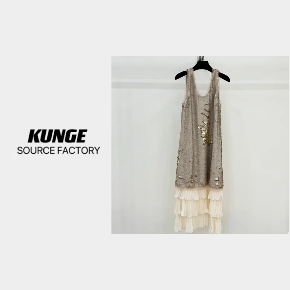 KUNGE-2025新款轻奢高级感重工亮片气质拼接裙-68005