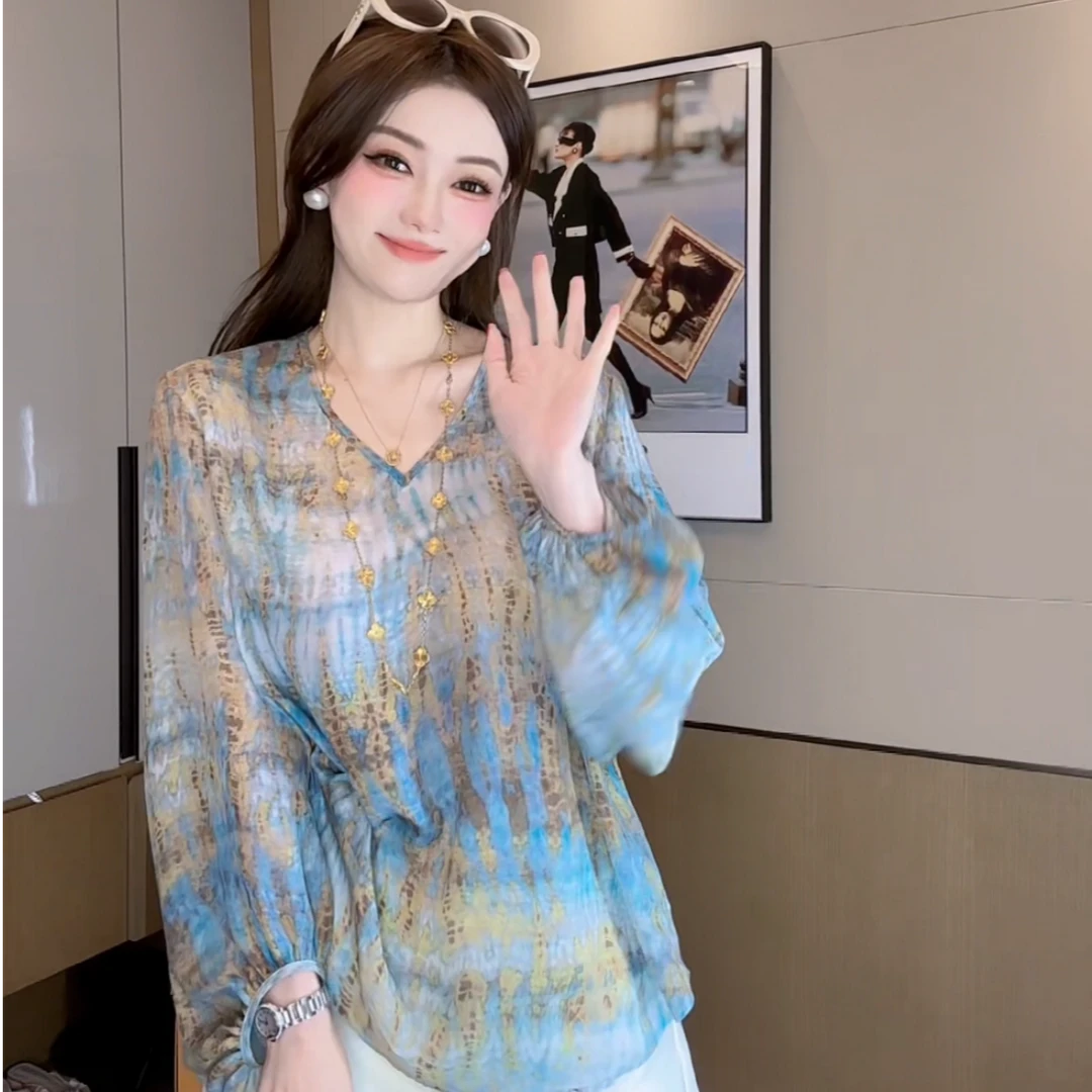 【丝芙玉禄】（F526）100%真丝双绉创意印花拼色桑蚕丝t恤上衣