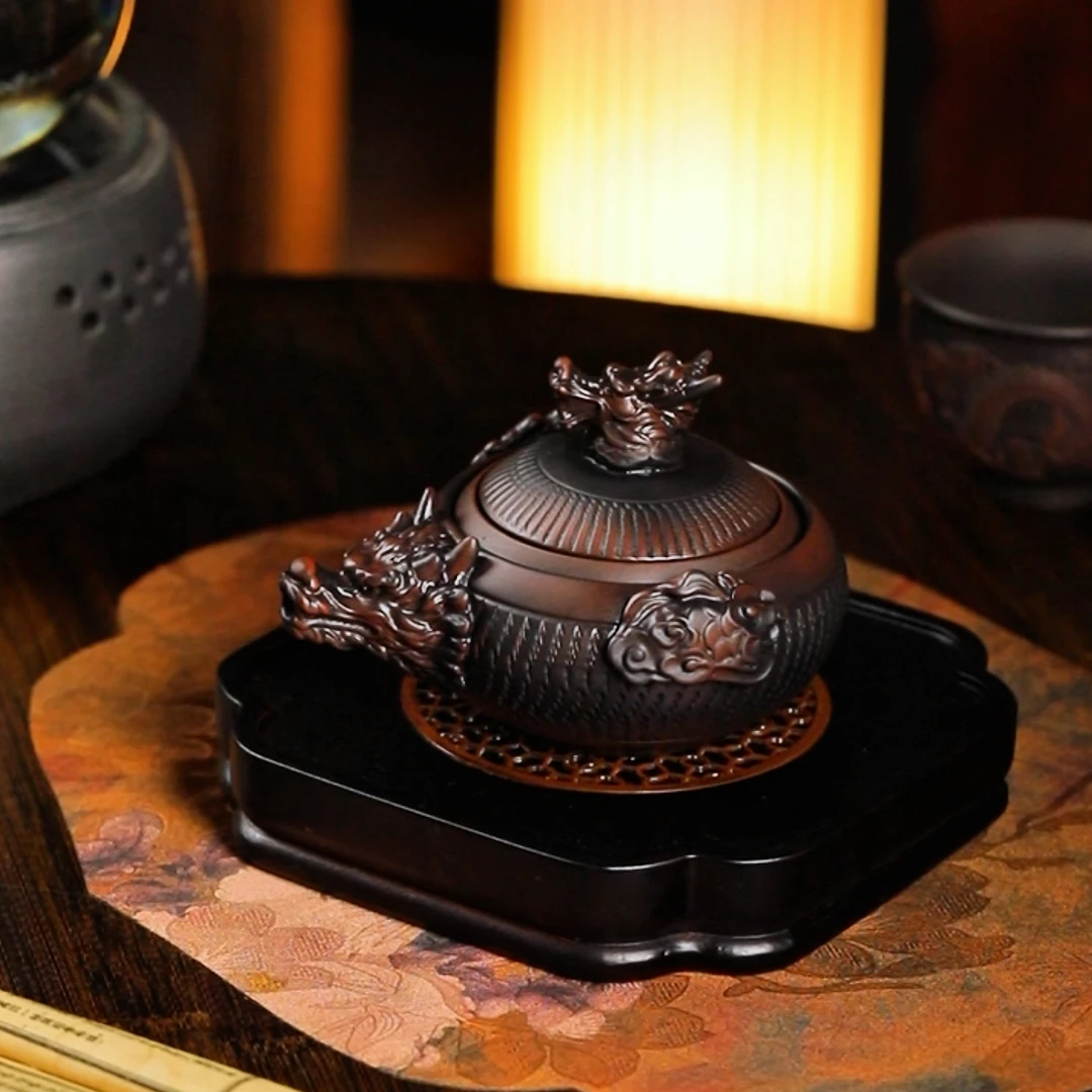 云南建水复古紫陶手抓壶旋转手抓壶龙行大运手抓壶带礼盒纯手工