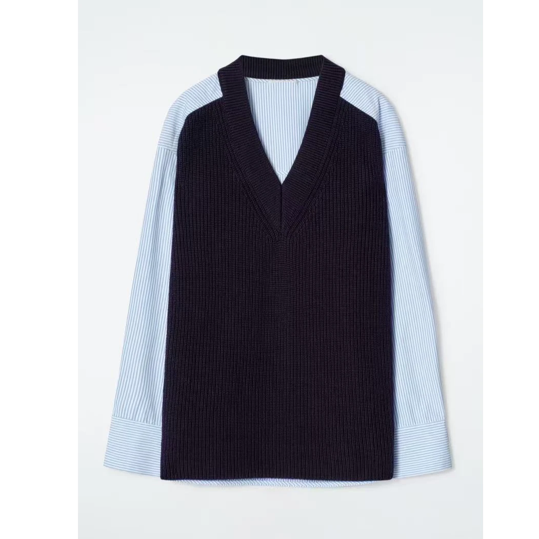 SS25137   针织拼接100%棉条纹上衣