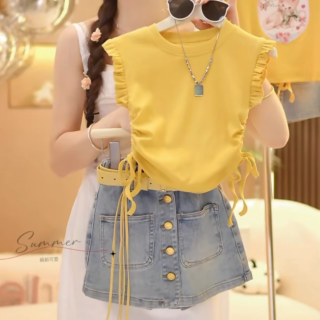 女童短袖牛仔短裙套装夏季2025新款木耳边抽绳T恤时髦裙裤甜酷风