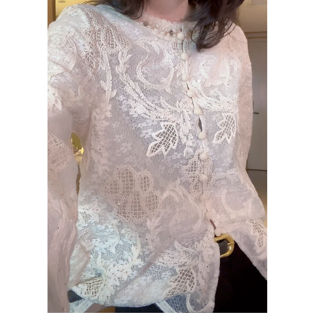 设计感重工钩花刺绣蕾丝拼接长袖衬衫女2025新款春季时尚气质衬衣