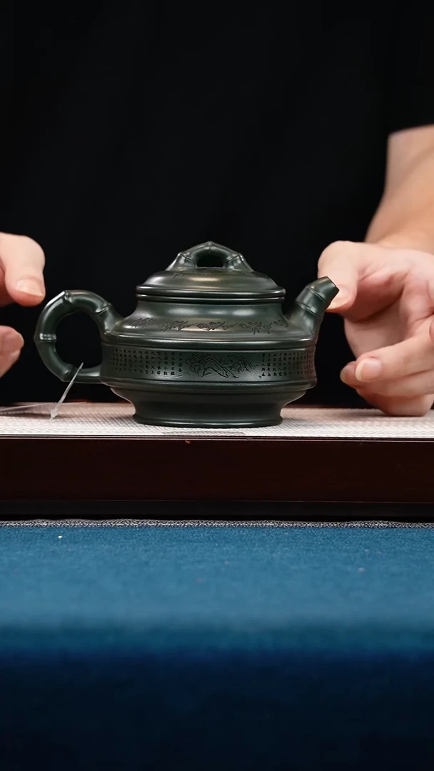 茶壶紫砂绿泥双线竹鼓