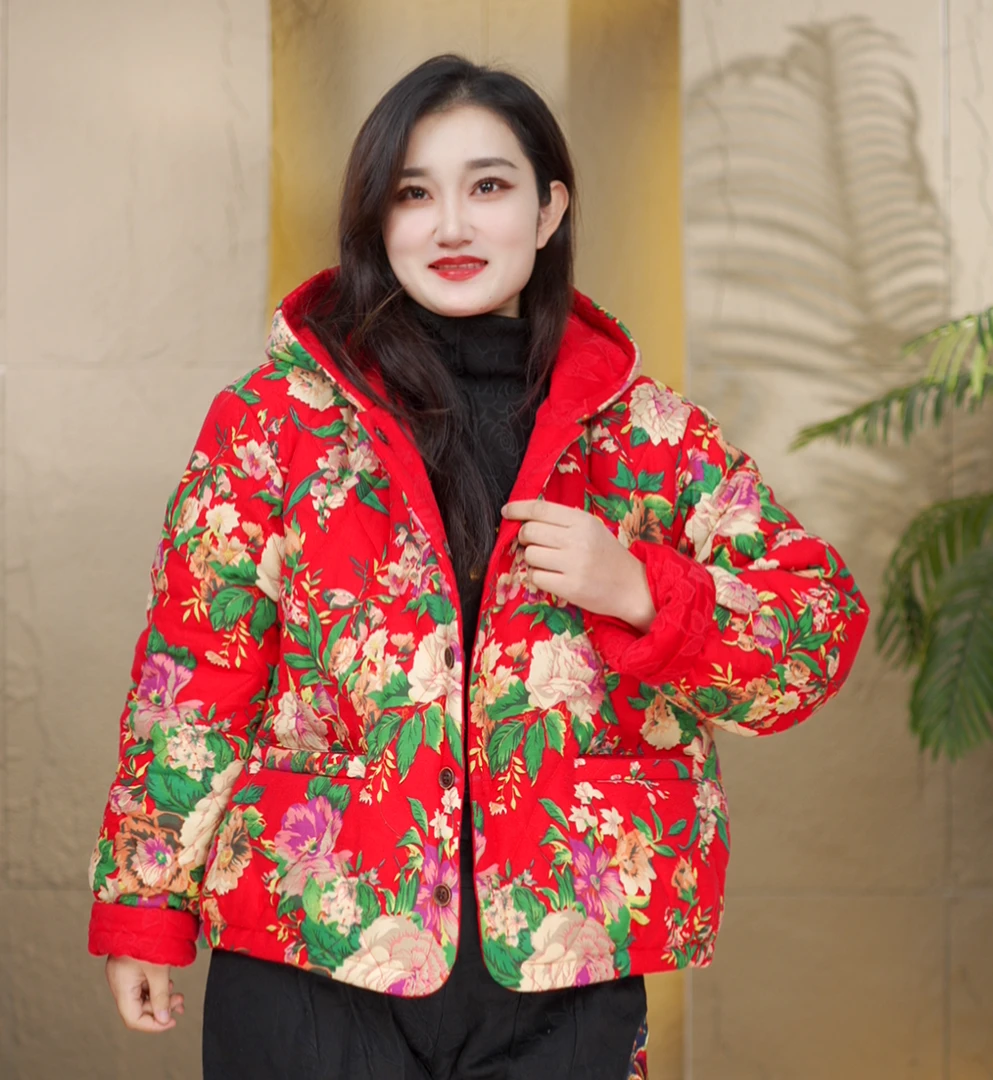 2025冬季新款宽松大花棉衣复古短款加厚保暖民族风印花花色