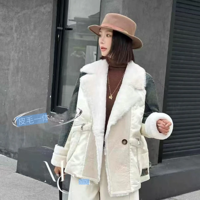 9063/160 冬季拼接牛仔宽松保暖皮毛一体外套 MF/0106