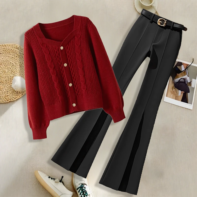 复古红色套头麻花针织衫女秋冬季爆款减龄气质时尚百搭休闲裤套装