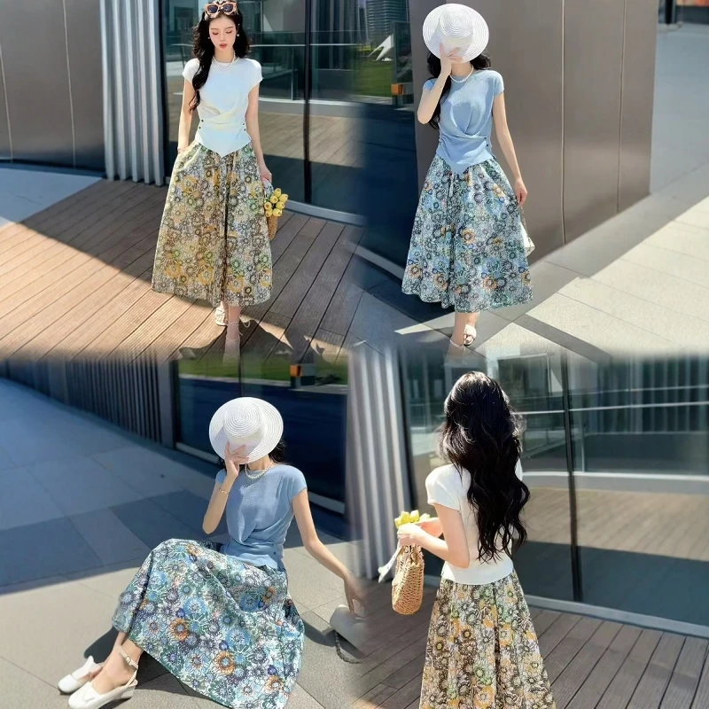 超仙套装2025夏季新款洋气显瘦短袖针织上衣碎花半身裙两件套时尚