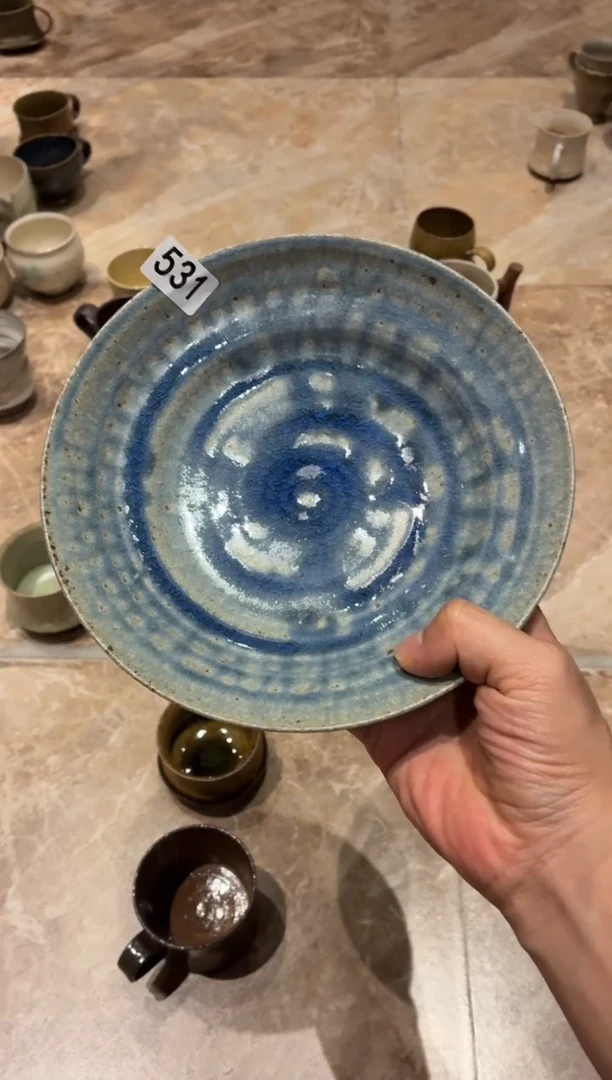 瓷片Y*u531粗陶窑变蓝菜盘1个