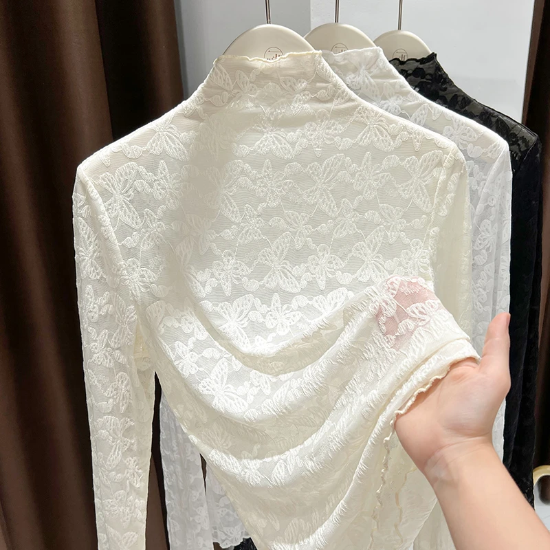 半高领蕾丝打底衫女薄款内搭木耳边高档提花网纱长袖上衣春秋新款