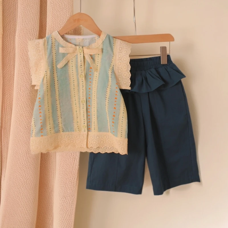 儿童洋气夏季薄款韩版清新休闲文艺宽松时尚镂空女童两件套套装
