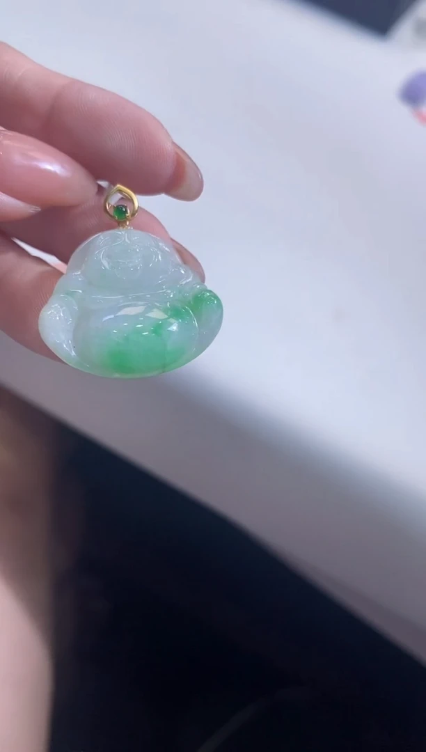 翡翠18K金镶嵌吊坠(不含链)佛公-有纹