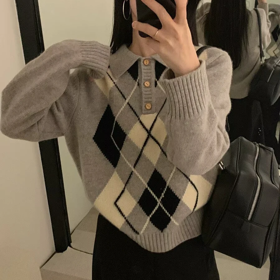 T2983 伯克利返校日/学院菱格 软糯毛衣女