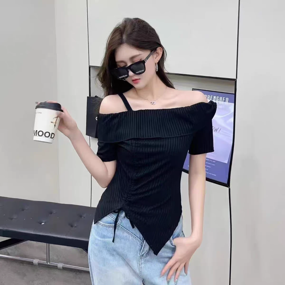 短袖打底女不规则小个子修身显瘦气质纯欲性感短款单肩打底上衣