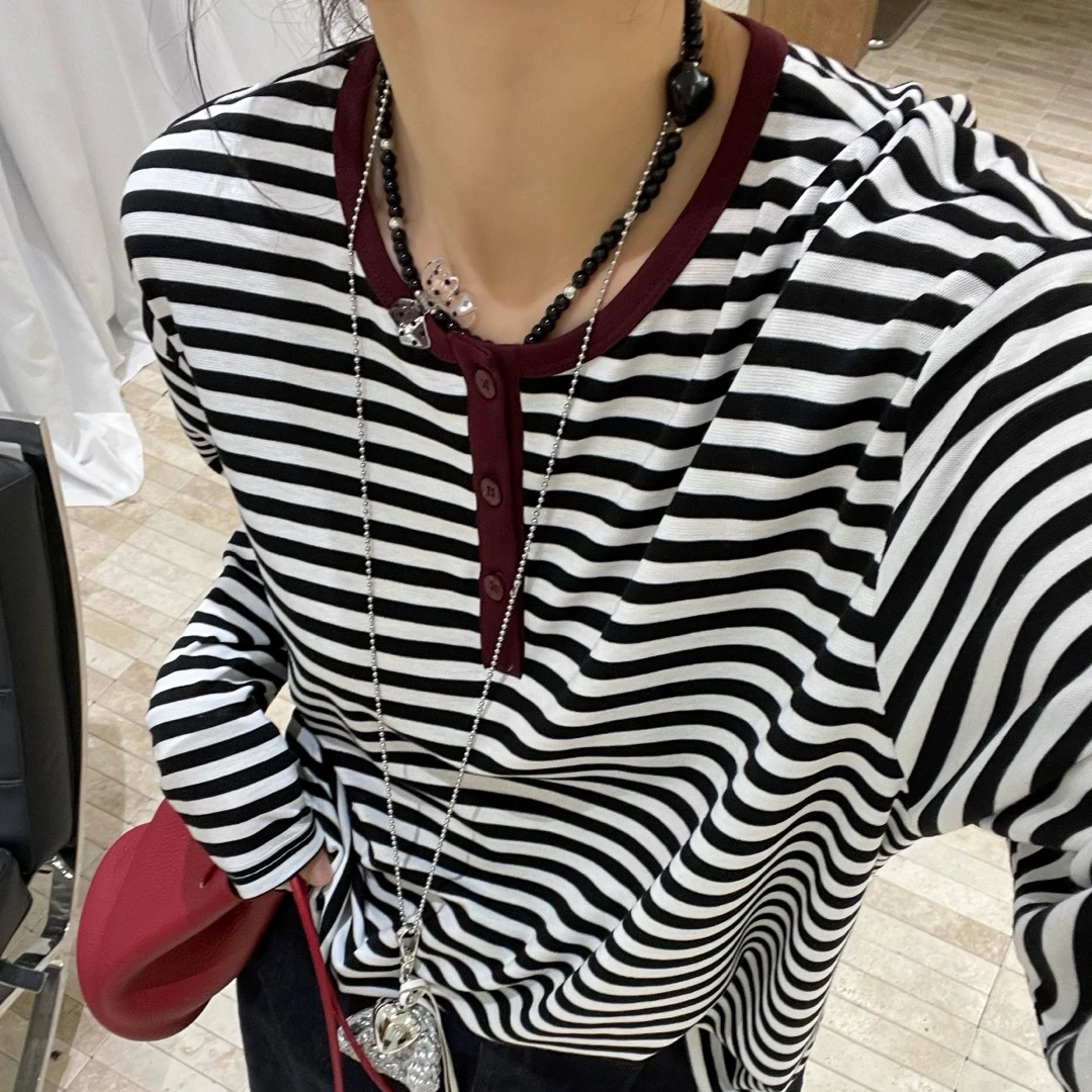 韩版时尚百搭天丝条纹撞色T恤T25032