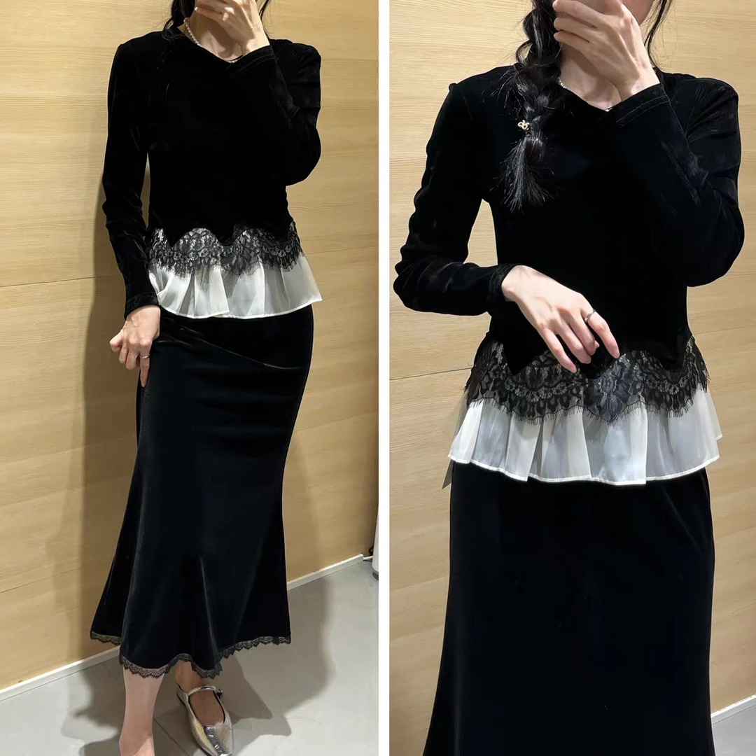 欧货丝绒衬衫女秋轻奢风时尚丝绒上衣网红蕾丝拼丝打底衫小衫