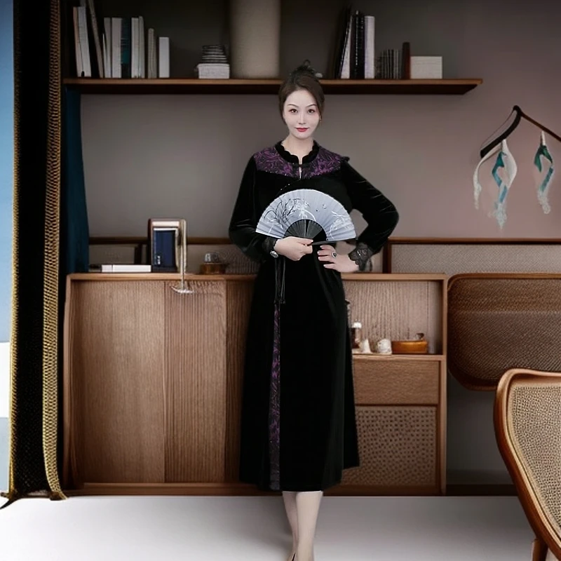 菲姐定制轻奢女装冬季新款旗袍改良高端复古丝绒连衣裙女ZB6395