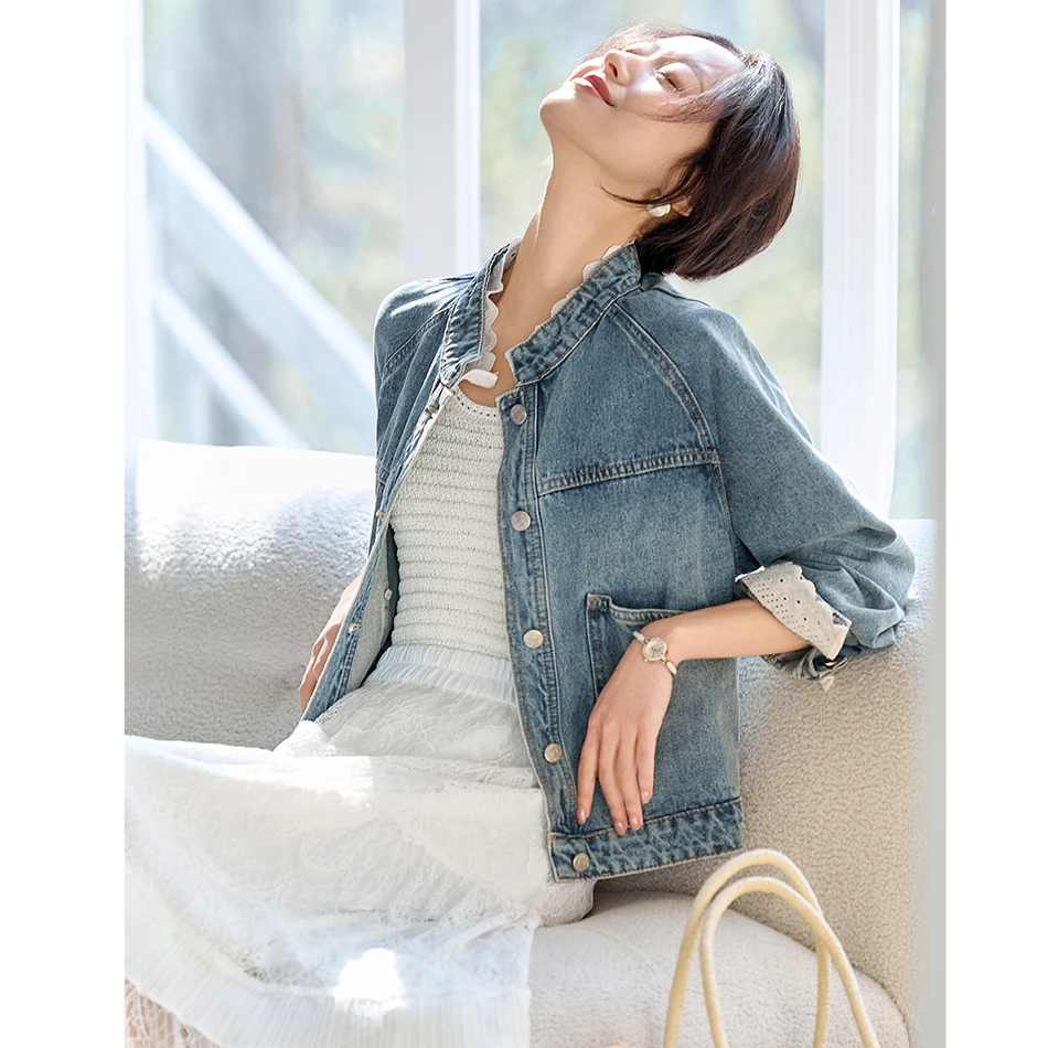 尚都比拉品质女装100%立领显瘦牛仔外套女50369