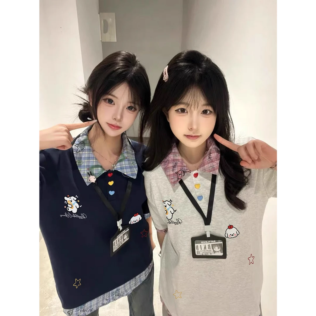 【帝韵】美式复古小狗刺绣假两件POLO领短袖T恤女夏季慵懒百搭上衣