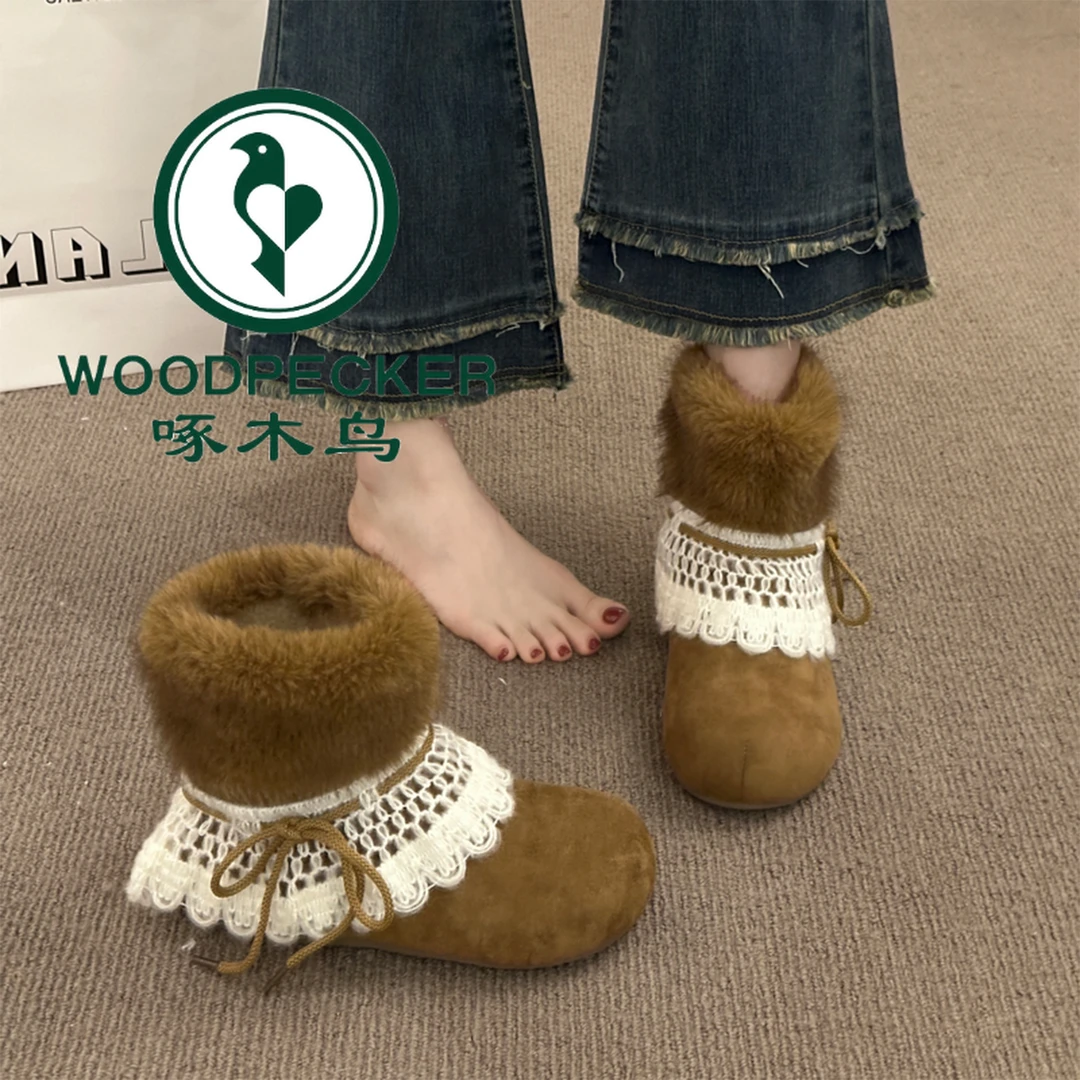 啄木鸟厚底内增高毛毛雪地靴女2025新款冬季百搭加绒保暖勃肯棉鞋