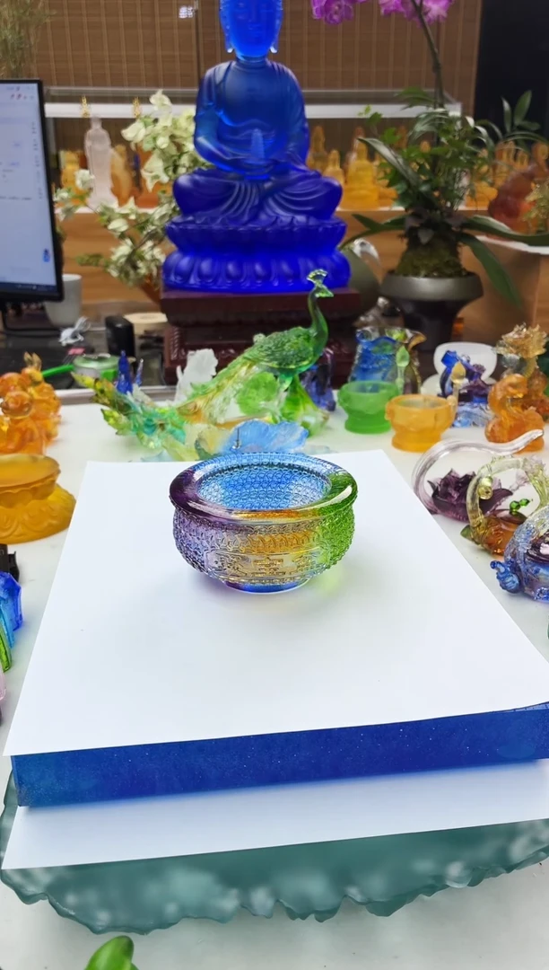 手工艺品琉璃彩色色钱币聚宝盆9*5公分