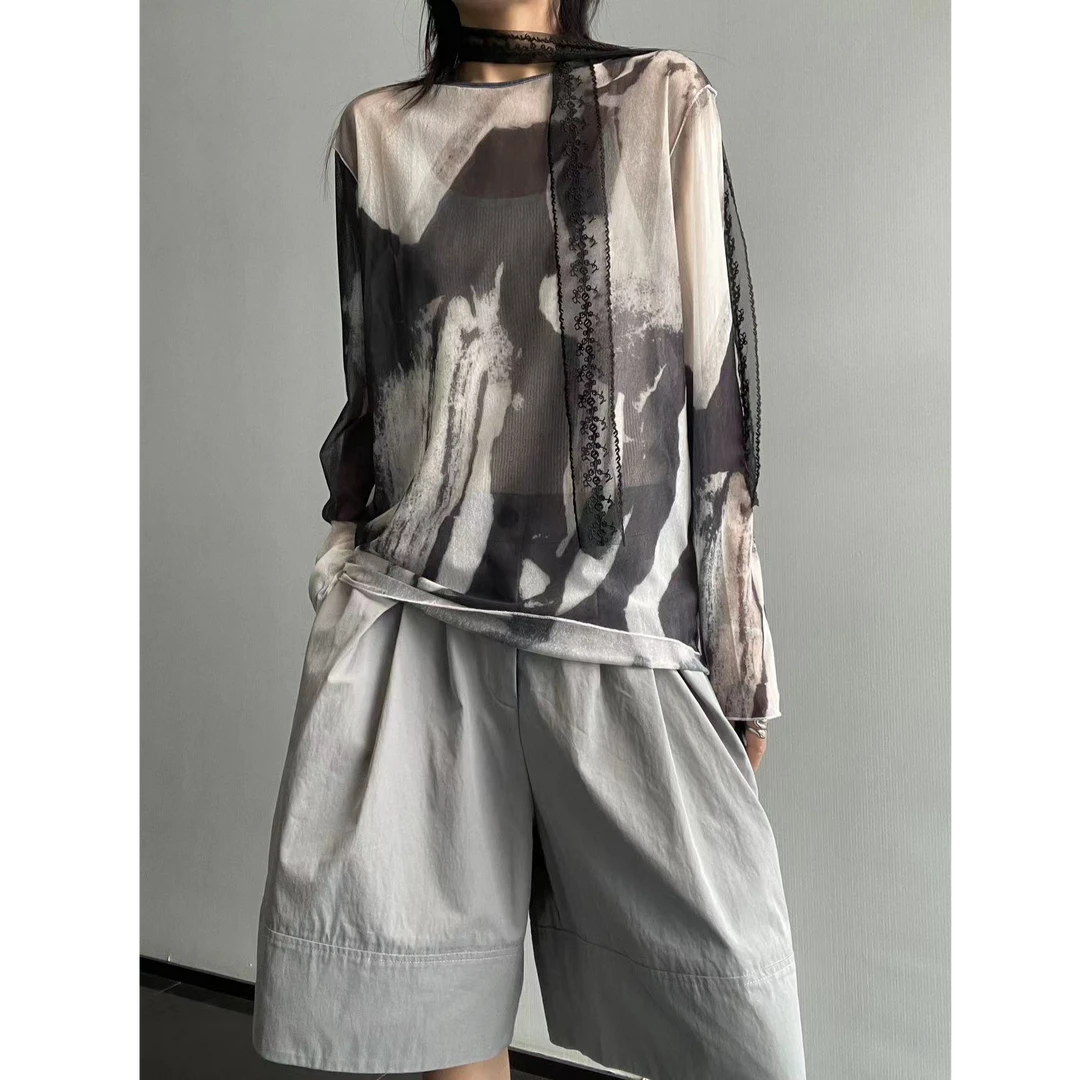水墨晕染网纱上衣