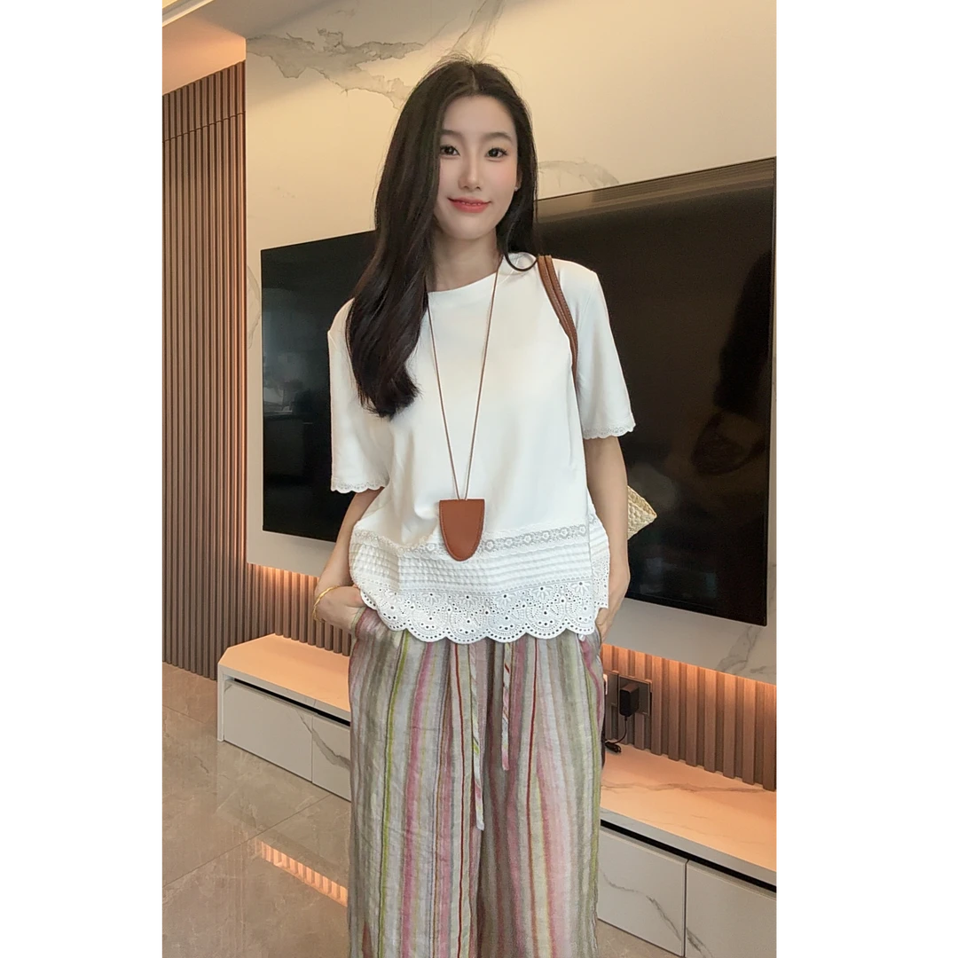 XIC 月光T 度假风蕾丝边刺绣短袖宽松显瘦休闲T恤2025新款夏