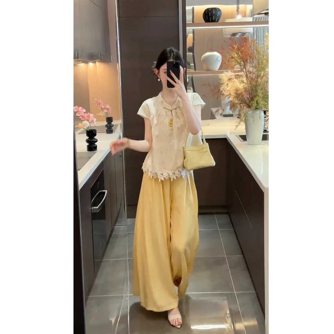 【花锦暮烟】2025夏季新款新中式禅意花边短袖上衣搭高腰显瘦阔腿裤