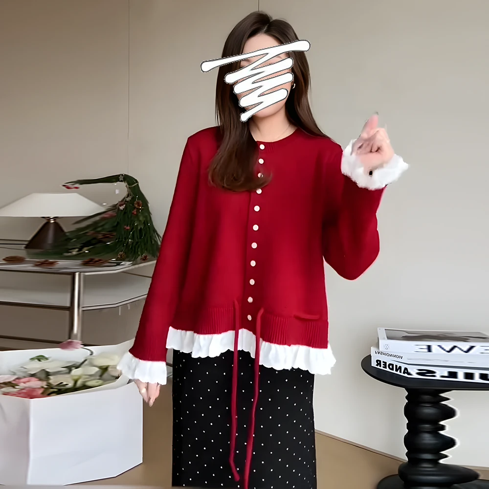 大码圣诞新年战袍红色荷叶边毛衣针织开衫女秋冬胖mm内搭外穿上衣